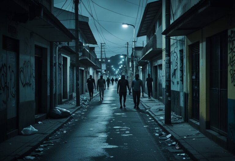 Rua estreita e mal iluminada em um bairro perigoso de Cabo Frio, com prédios desgastados, pichações, lixo no chão e poucas pessoas caminhando cautelosamente.