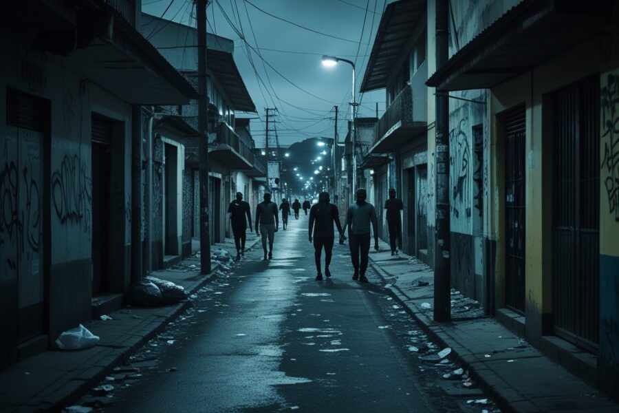 Rua estreita e mal iluminada em um bairro perigoso de Cabo Frio, com prédios desgastados, pichações, lixo no chão e poucas pessoas caminhando cautelosamente.