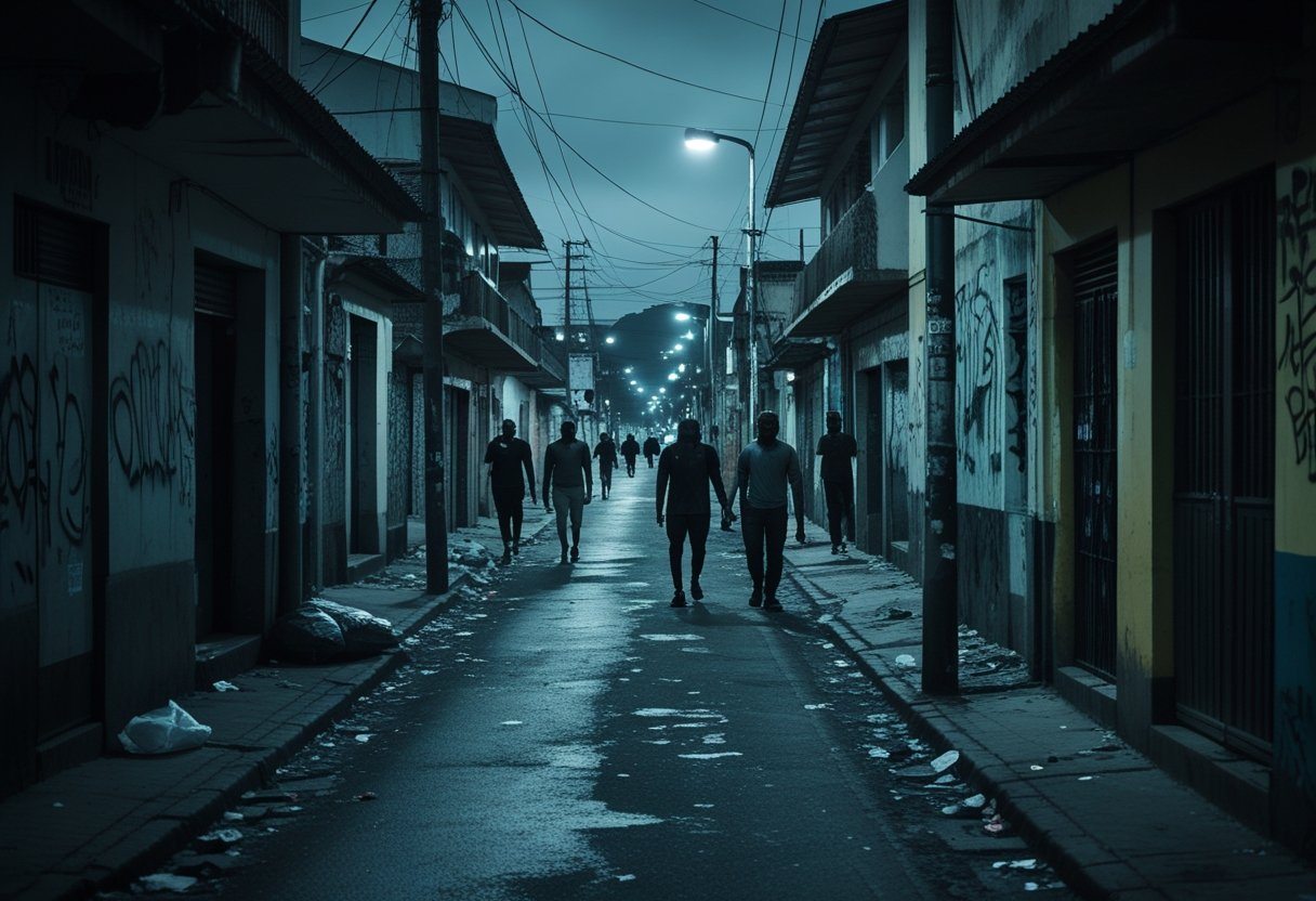 Rua estreita e mal iluminada em um bairro perigoso de Cabo Frio, com prédios desgastados, pichações, lixo no chão e poucas pessoas caminhando cautelosamente.