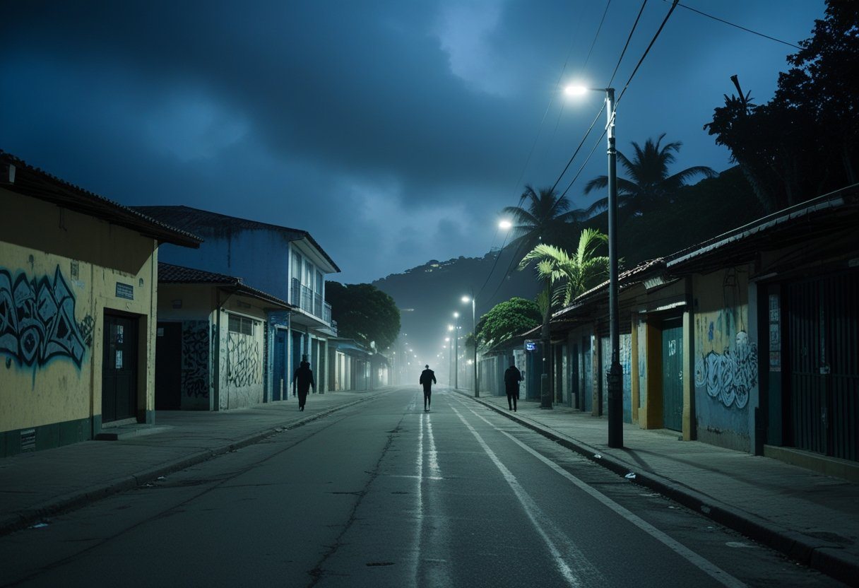 Rua escura e pouco iluminada em um bairro de Cabo Frio com prédios antigos e poucas pessoas caminhando.