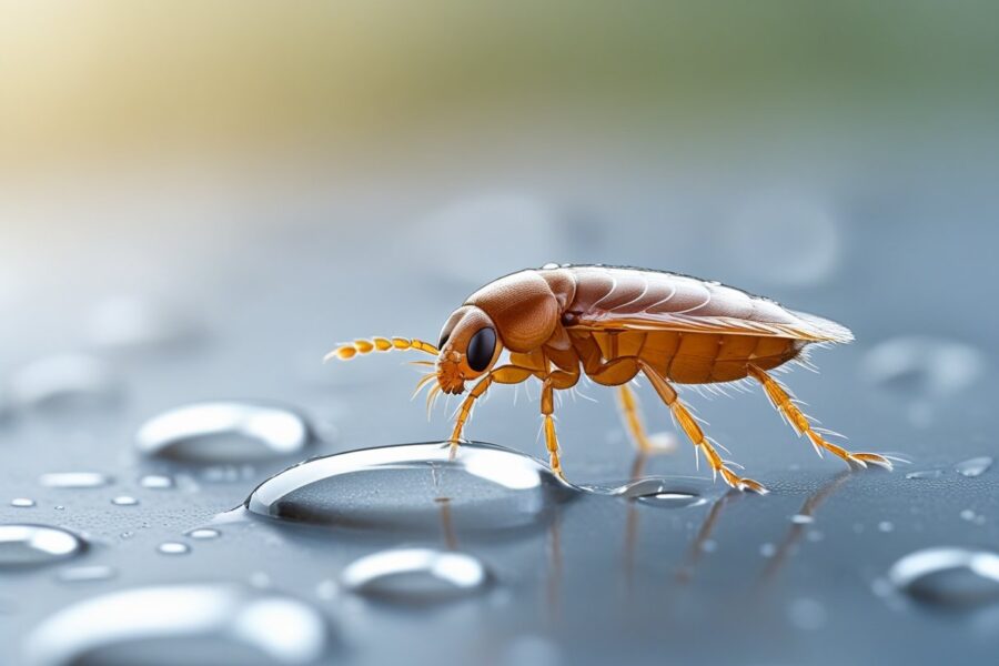 Close-up de uma pulga parcialmente submersa em gotas de água sobre uma superfície lisa.