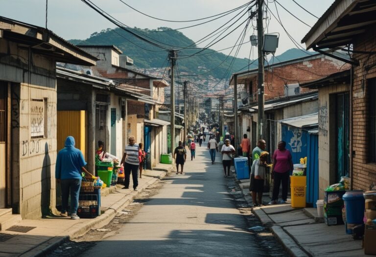 Rua estreita em um bairro humilde de Osasco com casas simples, pessoas caminhando e interagindo, e fios elétricos visíveis.