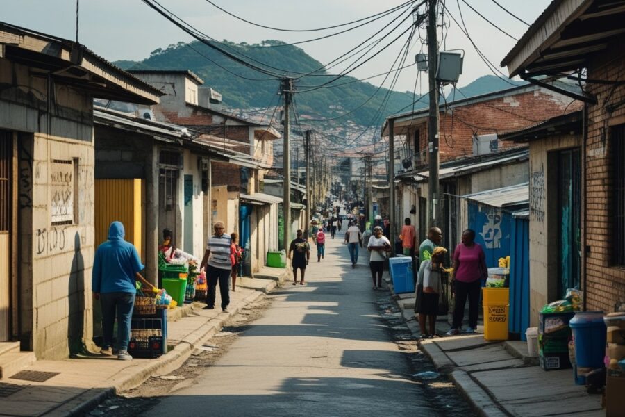 Rua estreita em um bairro humilde de Osasco com casas simples, pessoas caminhando e interagindo, e fios elétricos visíveis.