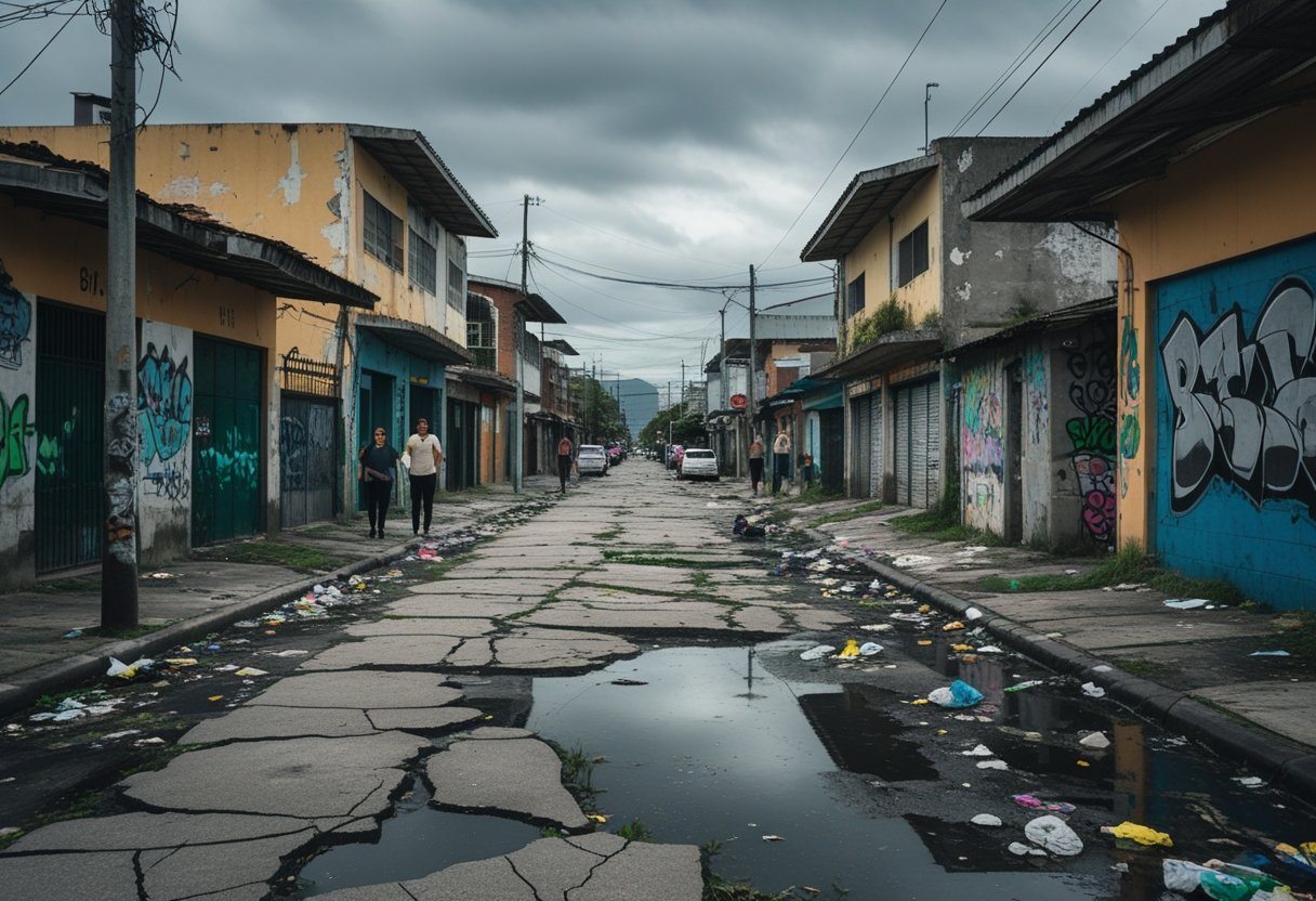 Rua de um bairro deteriorado em Osasco com prédios desgastados, calçadas quebradas e lixo espalhado.