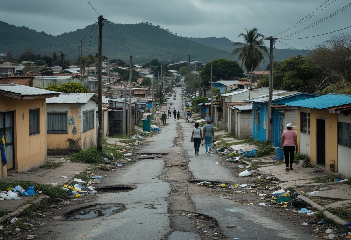 Bairro urbano em Piracicaba com casas desgastadas, ruas danificadas, lixo na calçada e poucas pessoas nas ruas.