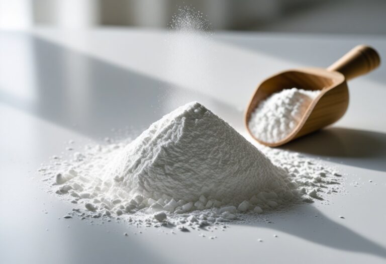 Pilha pequena de pó branco para matar pulgas com uma colher de madeira sobre superfície branca.