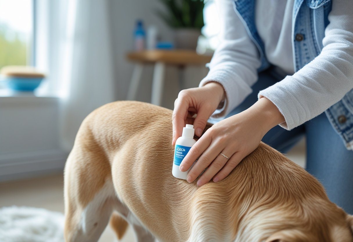 Pessoa aplicando tratamento contra pulgas em um cachorro dentro de casa.