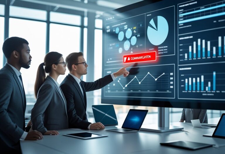 Grupo de profissionais de negócios em escritório moderno observando uma tela digital com gráficos e um indicador de alerta vermelho.