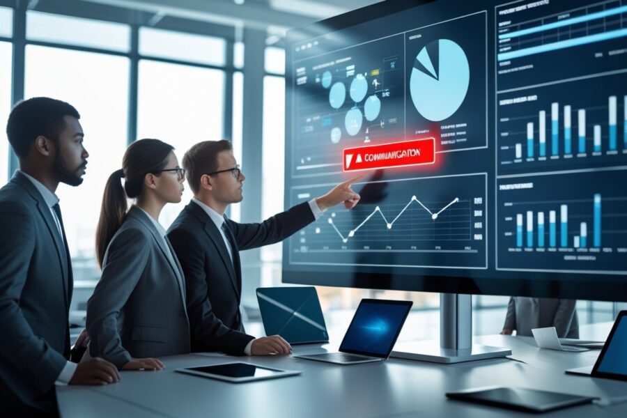 Grupo de profissionais de negócios em escritório moderno observando uma tela digital com gráficos e um indicador de alerta vermelho.