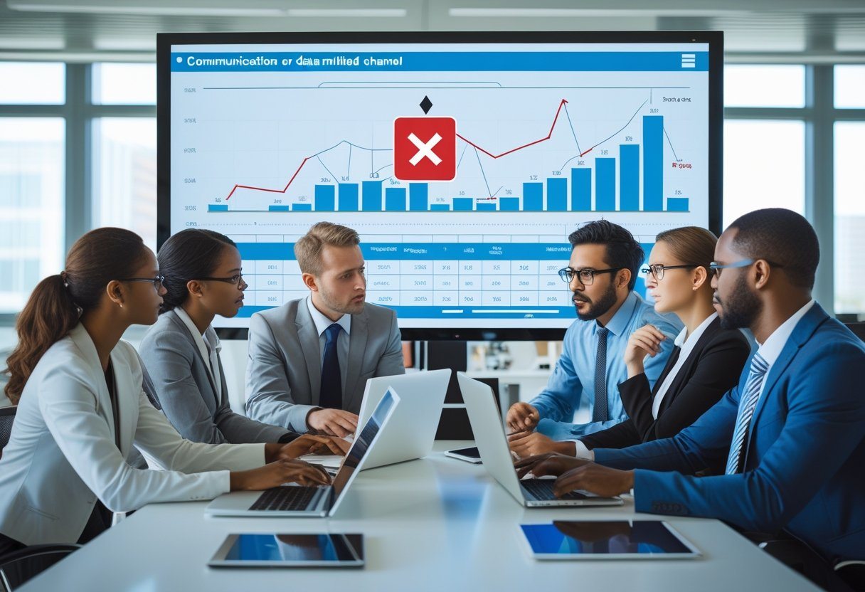 Grupo de profissionais em escritório moderno analisando gráficos de dados em uma tela digital, com expressão de preocupação ao identificar um valor que ultrapassa o limite permitido.