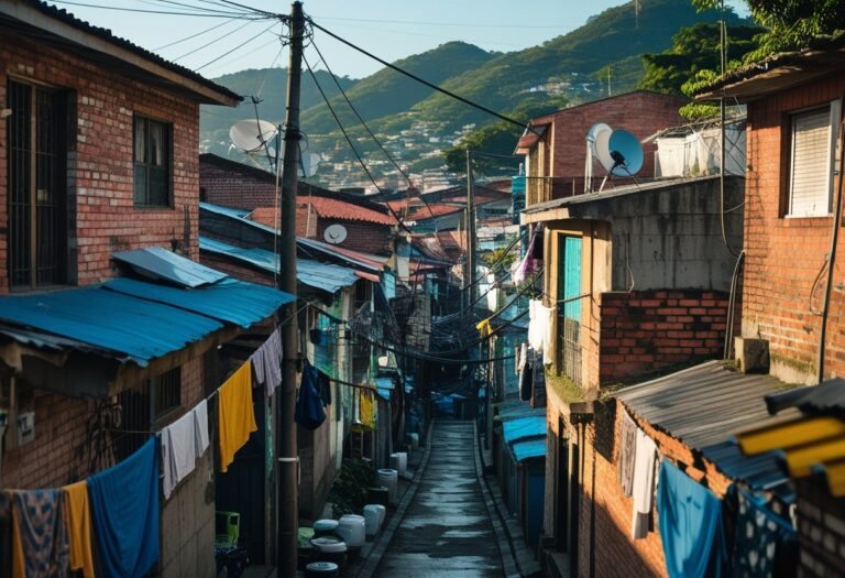 Vista aérea de uma favela densa e colorida em Guarulhos com casas próximas, vielas estreitas, roupas penduradas e fios elétricos.
