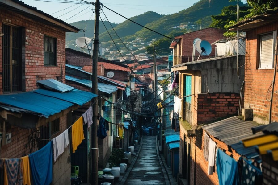 Vista aérea de uma favela densa e colorida em Guarulhos com casas próximas, vielas estreitas, roupas penduradas e fios elétricos.