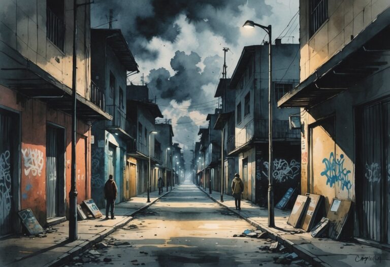 Cena urbana de bairros perigosos de Campinas com ruas estreitas, prédios desgastados e poucas pessoas ao longe em um ambiente tenso e sombrio.