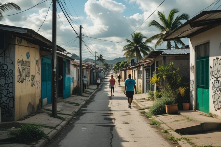 Rua estreita em um bairro de Salvador com casas simples, algumas paredes com grafite e pessoas caminhando pela rua.