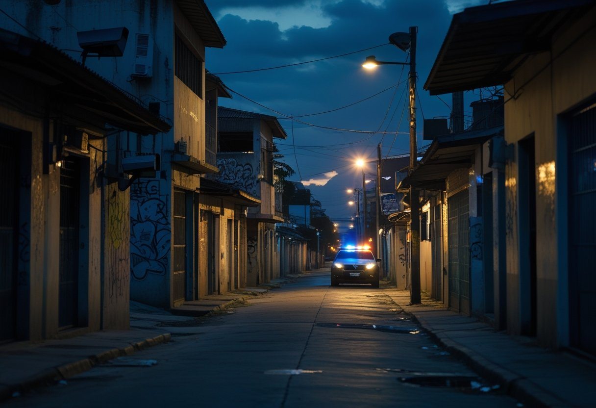 Rua escura e pouco movimentada em um bairro de Salvador com prédios desgastados, iluminação fraca e uma viatura policial ao fundo.