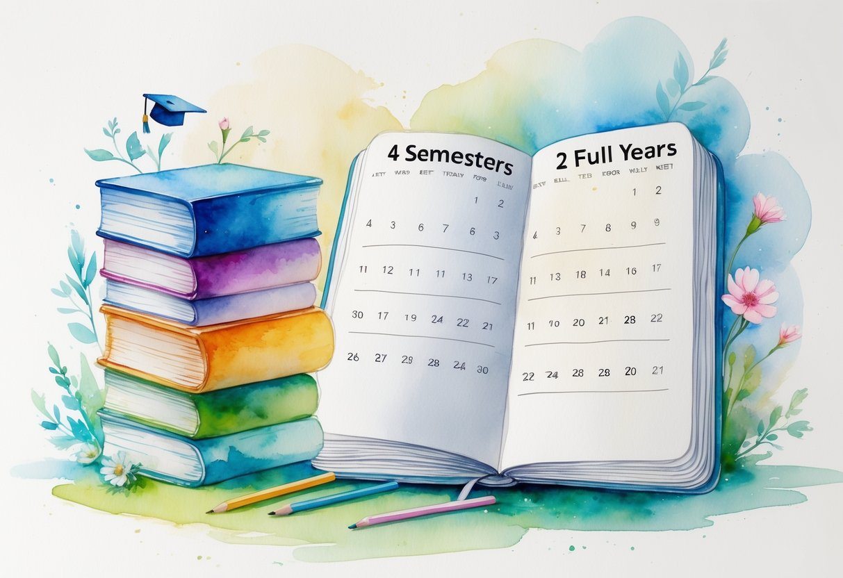 Caderno aberto com quatro blocos coloridos representando semestres e um calendário mostrando dois anos, cercados por flores delicadas.