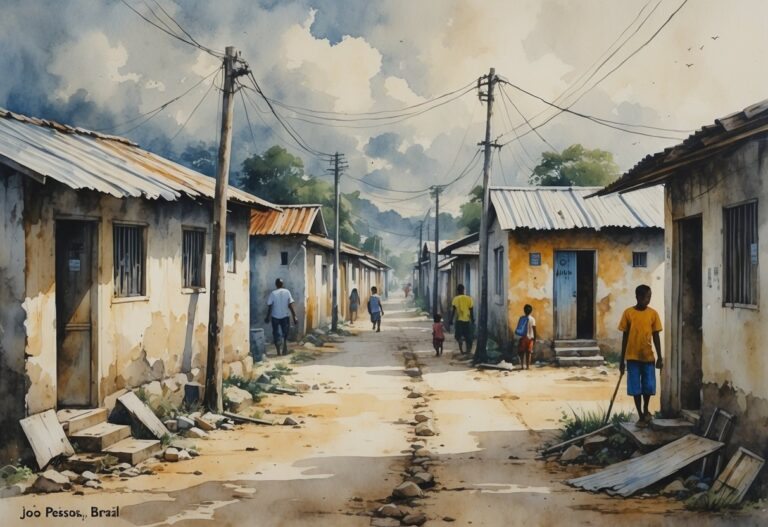 Bairro modesto de João Pessoa com casas simples e ruas estreitas, mostrando pessoas e crianças na área.