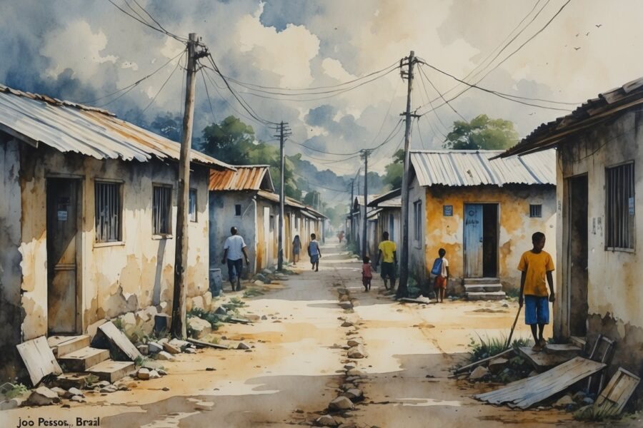 Bairro modesto de João Pessoa com casas simples e ruas estreitas, mostrando pessoas e crianças na área.