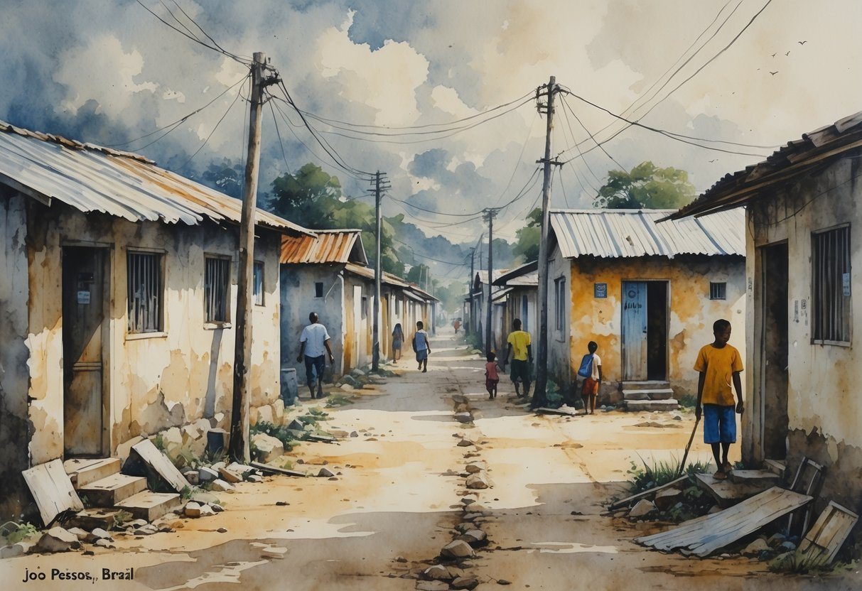 Bairro modesto de João Pessoa com casas simples e ruas estreitas, mostrando pessoas e crianças na área.