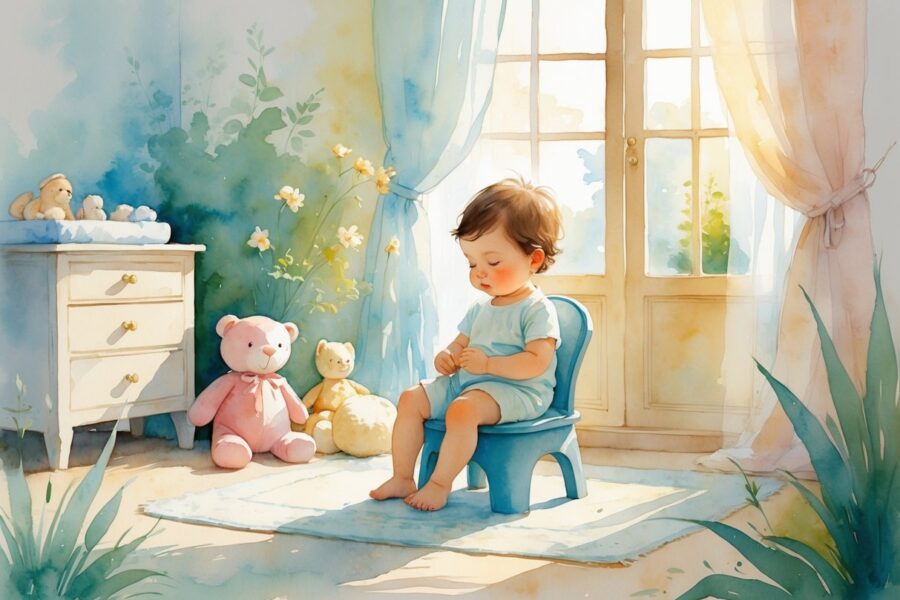 Criança sentada em um penico em um quarto acolhedor e iluminado, cercada por brinquedos e objetos suaves.