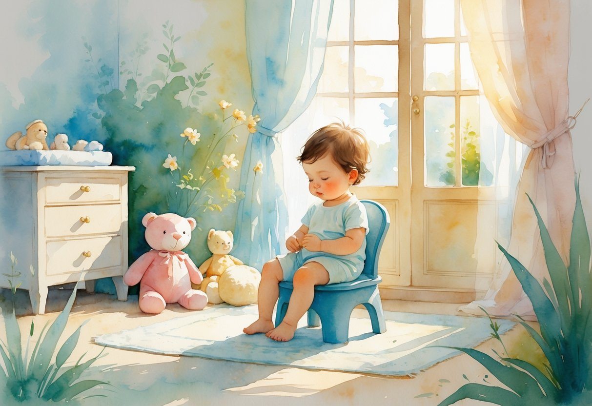 Criança sentada em um penico em um quarto acolhedor e iluminado, cercada por brinquedos e objetos suaves.