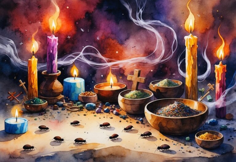 Cena mostrando pulgas infestando uma superfície com objetos de macumba ao redor, como velas, contas, tigelas com ervas e amuletos, com fumaça e cores misturadas ao fundo.