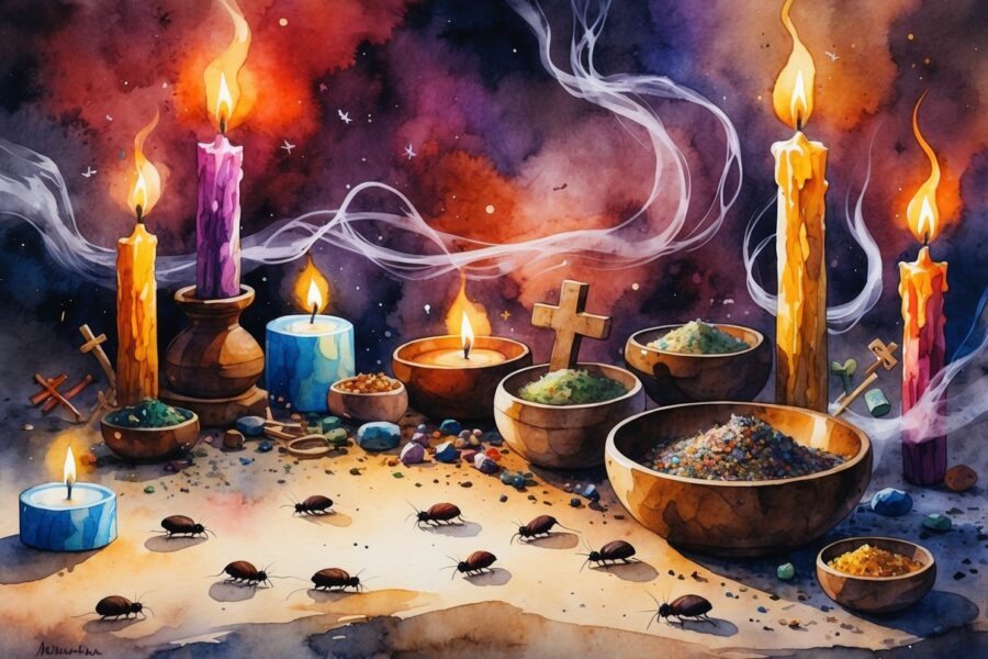 Cena mostrando pulgas infestando uma superfície com objetos de macumba ao redor, como velas, contas, tigelas com ervas e amuletos, com fumaça e cores misturadas ao fundo.