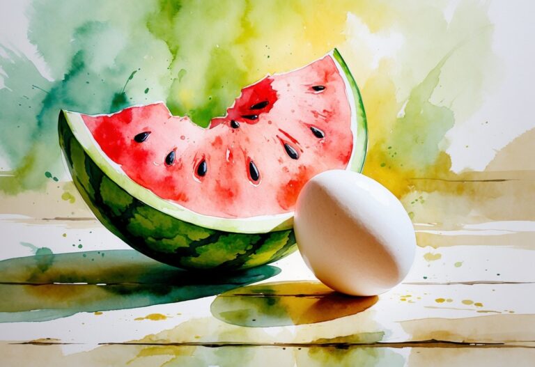 Uma fatia de melancia ao lado de um ovo sobre uma mesa de madeira.
