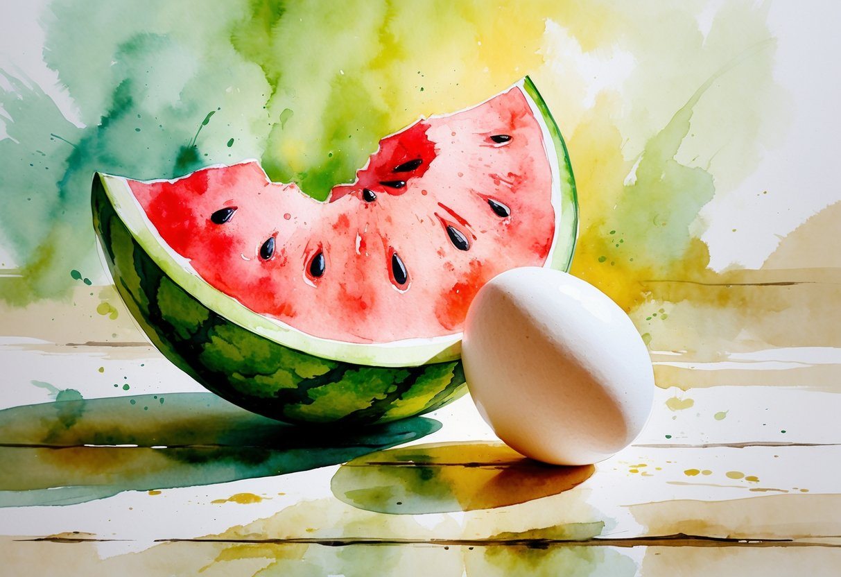 Uma fatia de melancia ao lado de um ovo sobre uma mesa de madeira.