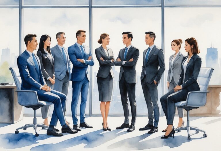 Um grupo de pessoas vestindo ternos formais em um ambiente de escritório moderno, transmitindo profissionalismo e trabalho em equipe.