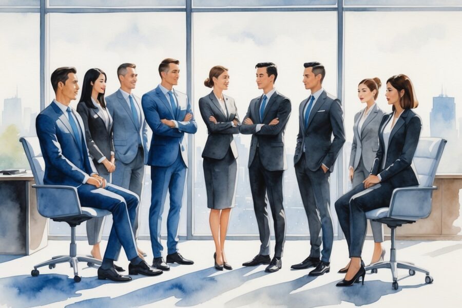 Um grupo de pessoas vestindo ternos formais em um ambiente de escritório moderno, transmitindo profissionalismo e trabalho em equipe.