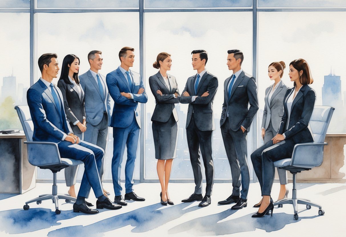 Um grupo de pessoas vestindo ternos formais em um ambiente de escritório moderno, transmitindo profissionalismo e trabalho em equipe.