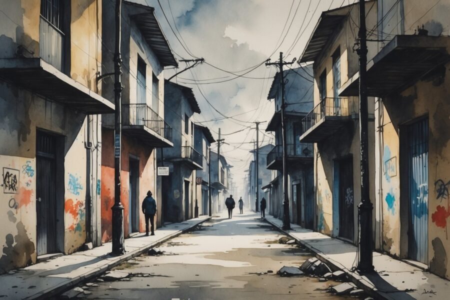 Rua estreita e pouco iluminada em um bairro de Porto Alegre com prédios antigos, grafites nas paredes e poucas pessoas ao fundo.