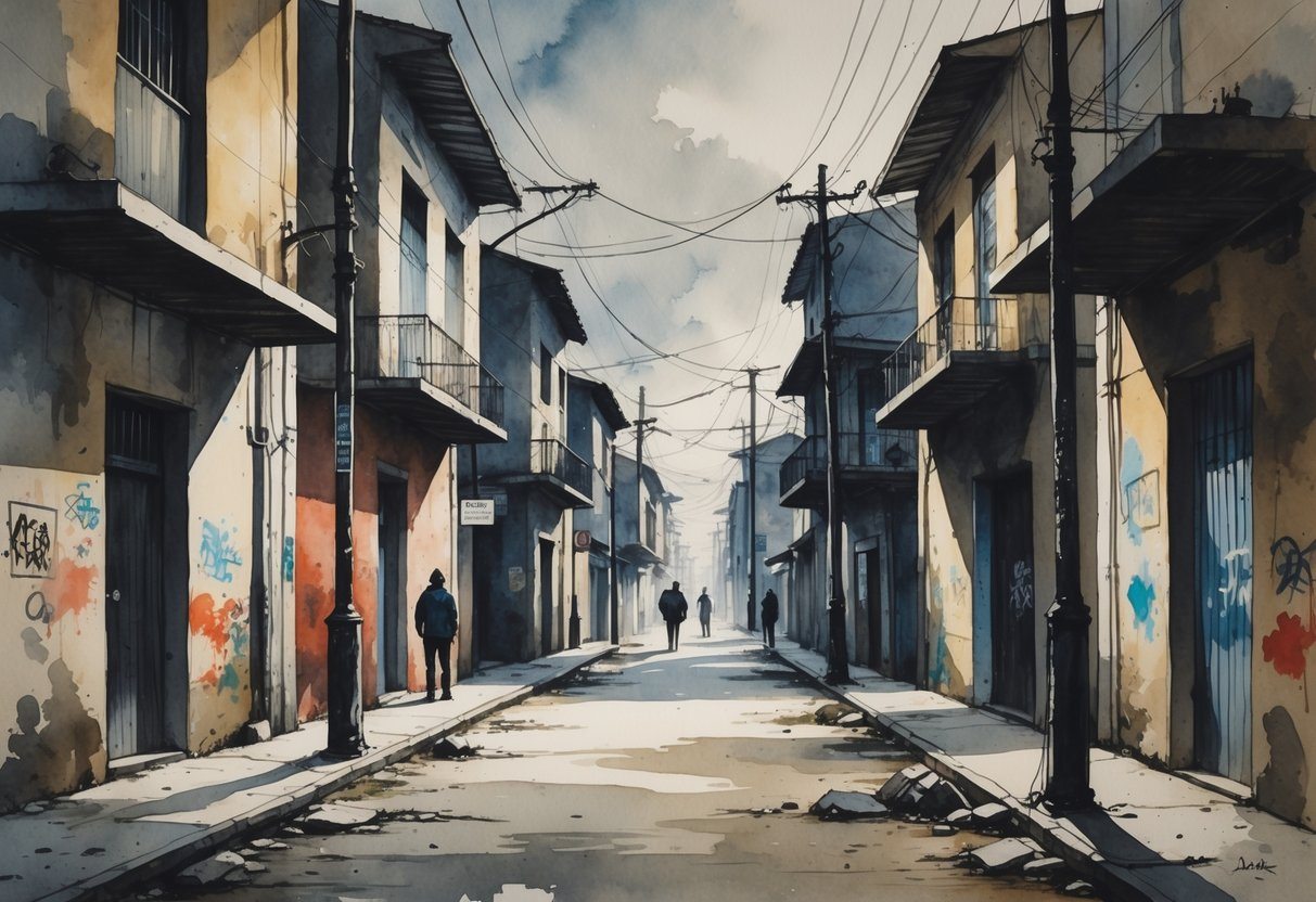 Rua estreita e pouco iluminada em um bairro de Porto Alegre com prédios antigos, grafites nas paredes e poucas pessoas ao fundo.