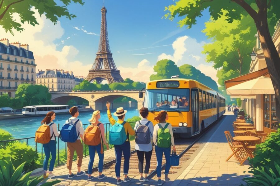 Grupo de pessoas animadas em um passeio de um dia saindo de Paris, com a Torre Eiffel e o rio Sena ao fundo em um dia ensolarado.