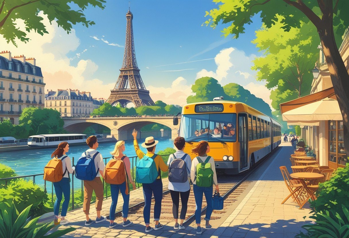 Grupo de pessoas animadas em um passeio de um dia saindo de Paris, com a Torre Eiffel e o rio Sena ao fundo em um dia ensolarado.
