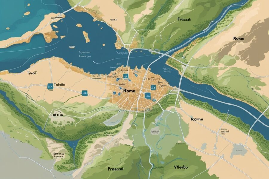 Mapa mostrando cidades próximas a Roma, com destaque para Rome no centro e cidades vizinhas, rios, colinas e o mar ao lado.