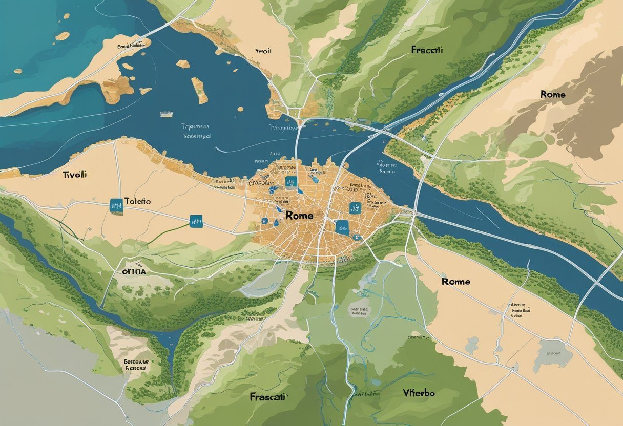 Mapa mostrando cidades próximas a Roma, com destaque para Rome no centro e cidades vizinhas, rios, colinas e o mar ao lado.