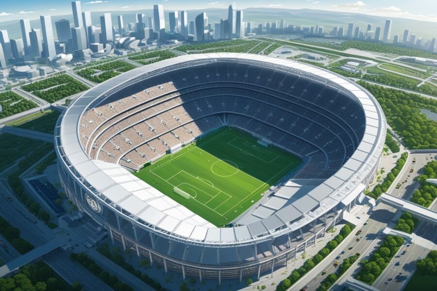 Vista aérea de um enorme estádio de futebol lotado, com campo verde e pessoas nas arquibancadas, cercado por áreas urbanas e vegetação.