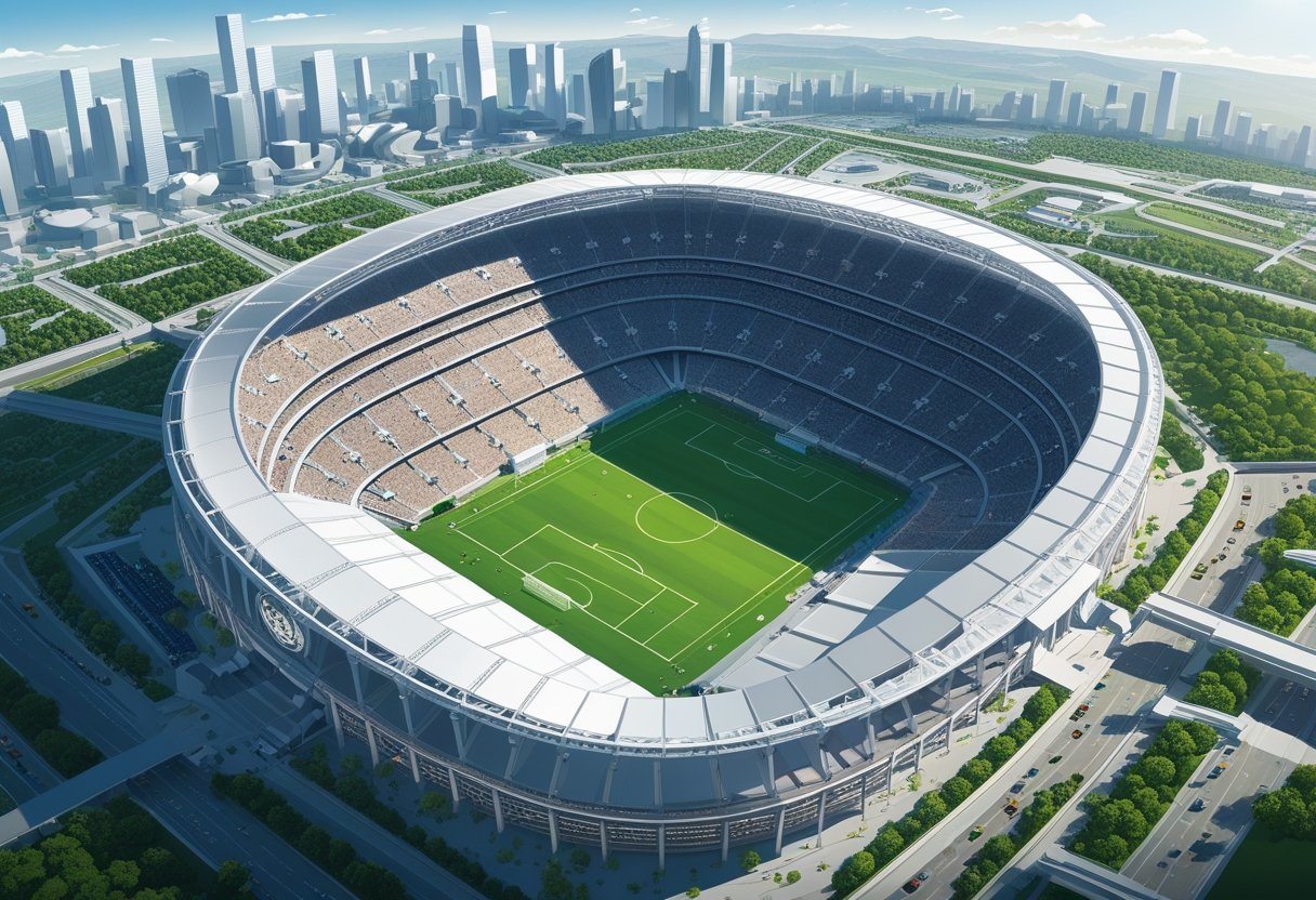 Vista aérea de um enorme estádio de futebol lotado, com campo verde e pessoas nas arquibancadas, cercado por áreas urbanas e vegetação.