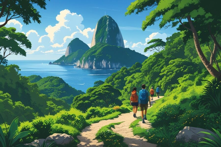 Trilha da Urca com vegetação tropical, montanha Pão de Açúcar ao fundo e pessoas caminhando pela trilha.