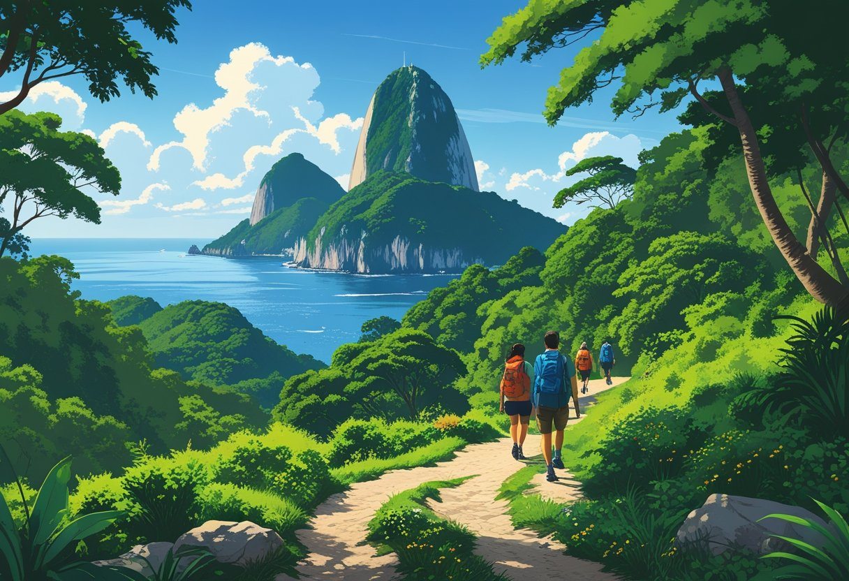 Trilha da Urca com vegetação tropical, montanha Pão de Açúcar ao fundo e pessoas caminhando pela trilha.