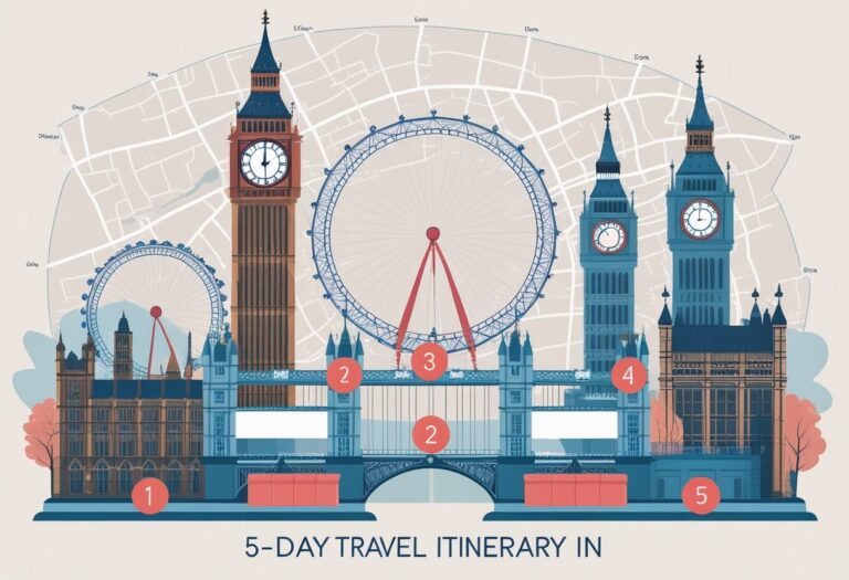 Ilustração mostrando pontos turísticos famosos de Londres organizados para um roteiro de cinco dias.