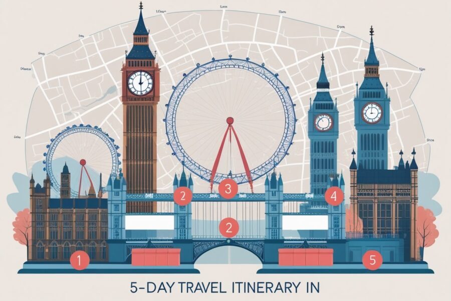 Ilustração mostrando pontos turísticos famosos de Londres organizados para um roteiro de cinco dias.