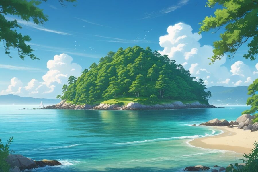 Ilha coberta por árvores de cedro, cercada por águas claras e calmas, com céu azul e algumas nuvens.