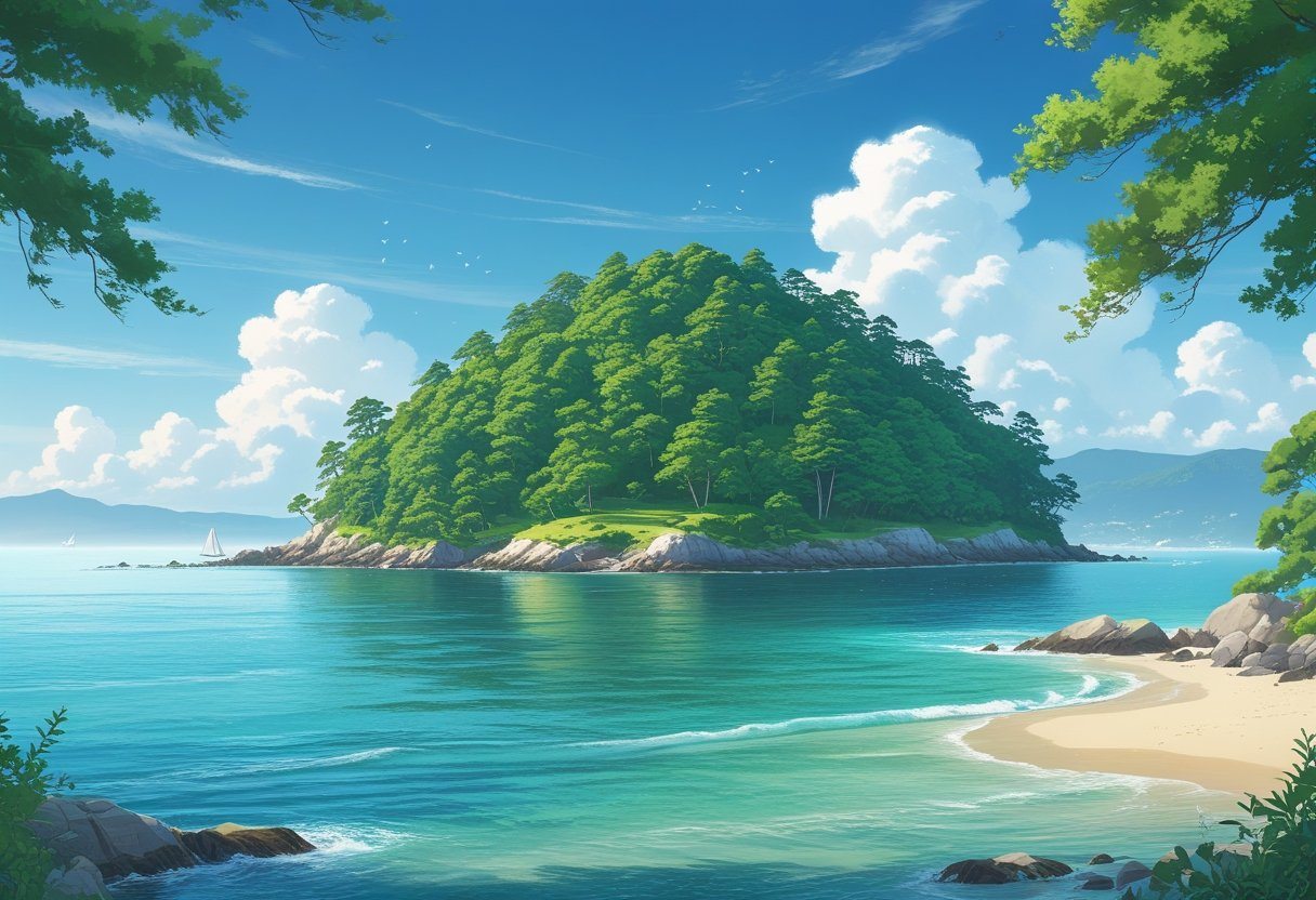 Ilha coberta por árvores de cedro, cercada por águas claras e calmas, com céu azul e algumas nuvens.