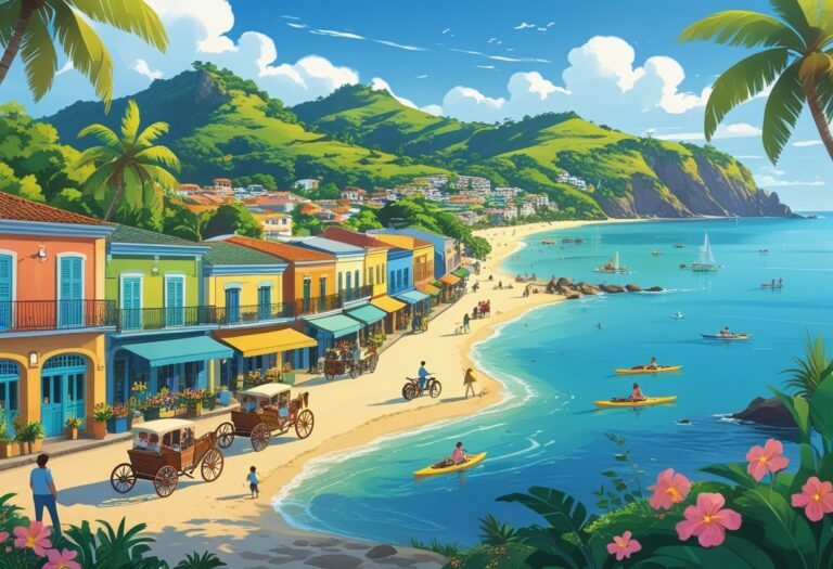 Ilustração da ilha de Paquetá mostrando casas coloridas, pessoas andando de bicicleta e carruagens, árvores tropicais, barcos na baía e uma praia com turistas aproveitando o dia ensolarado.