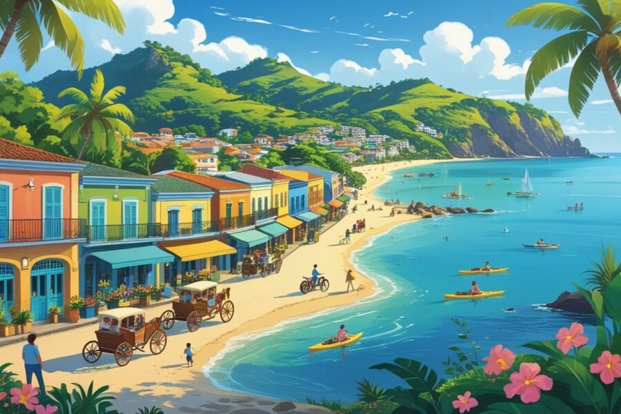 Ilustração da ilha de Paquetá mostrando casas coloridas, pessoas andando de bicicleta e carruagens, árvores tropicais, barcos na baía e uma praia com turistas aproveitando o dia ensolarado.