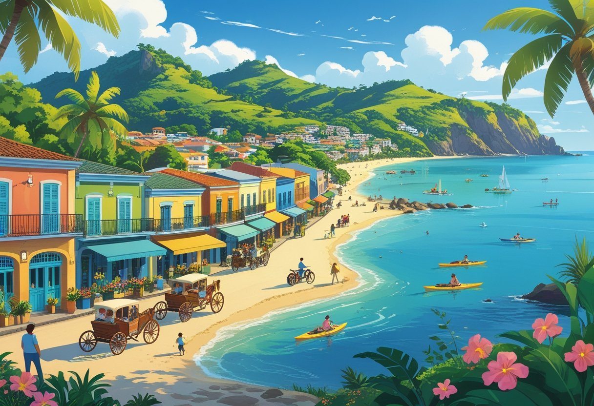 Ilustração da ilha de Paquetá mostrando casas coloridas, pessoas andando de bicicleta e carruagens, árvores tropicais, barcos na baía e uma praia com turistas aproveitando o dia ensolarado.