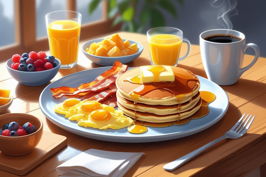 Mesa com café da manhã americano, incluindo bacon, ovos mexidos, panquecas com maple syrup, frutas, suco de laranja e café.